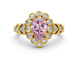 Yellow gold Fancy Pink Pear Cut Brilliant Milgrain Pave Heart Band Solitaire Ring
