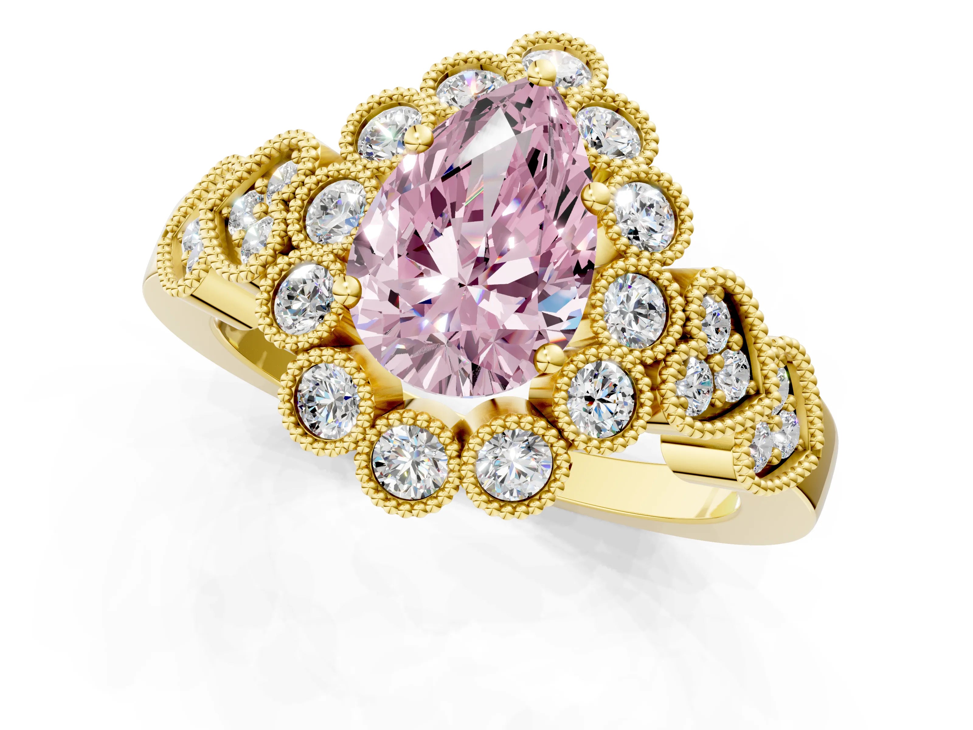 Yellow gold Fancy Pink Pear Cut Brilliant Milgrain Pave Heart Band Solitaire Ring_1