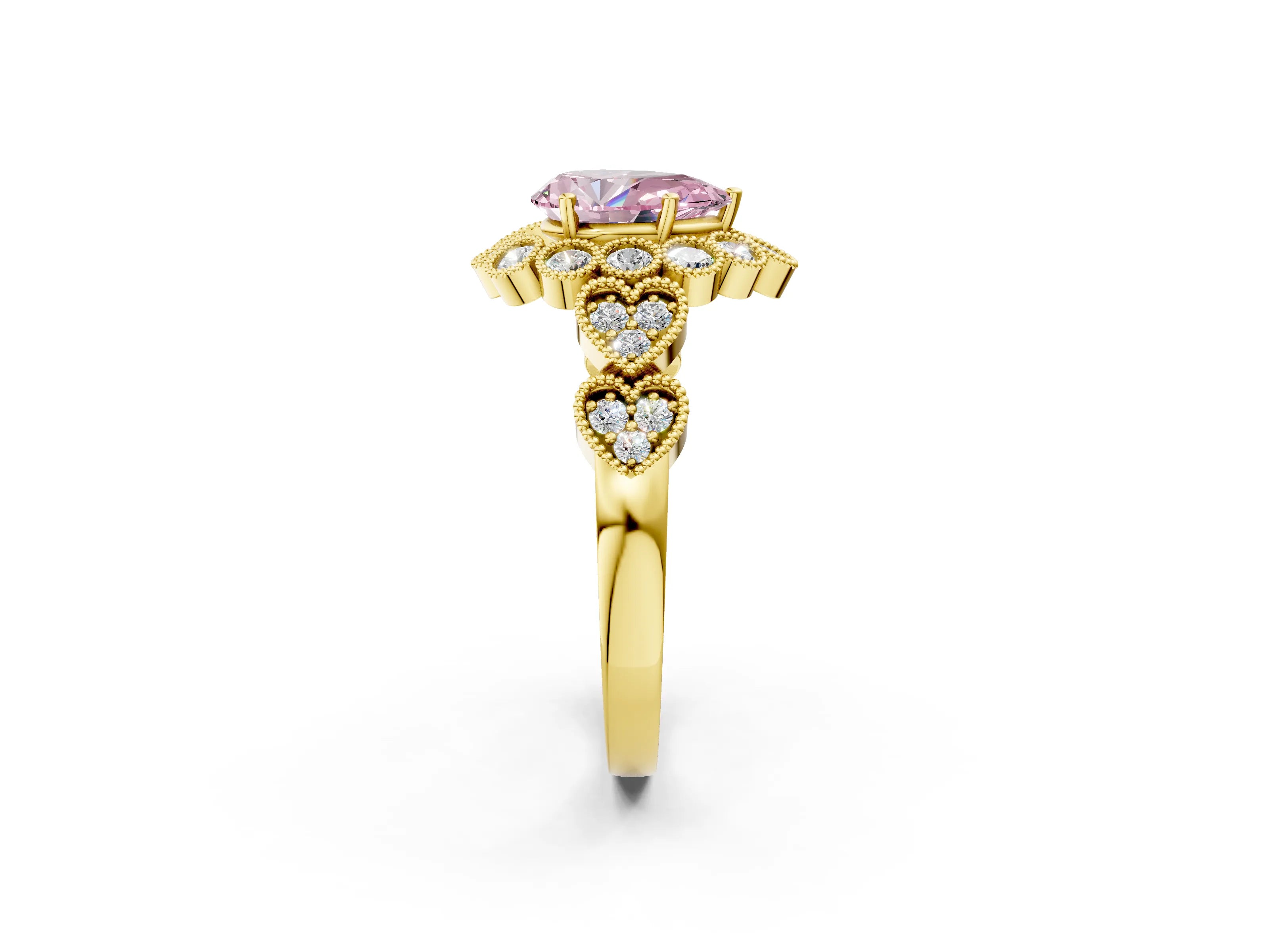 Yellow gold Fancy Pink Pear Cut Brilliant Milgrain Pave Heart Band Solitaire Ring_2
