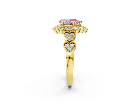 Yellow gold Fancy Pink Pear Cut Brilliant Milgrain Pave Heart Band Solitaire Ring_2