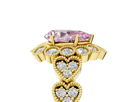 Yellow gold Fancy Pink Pear Cut Brilliant Milgrain Pave Heart Band Solitaire Ring_5