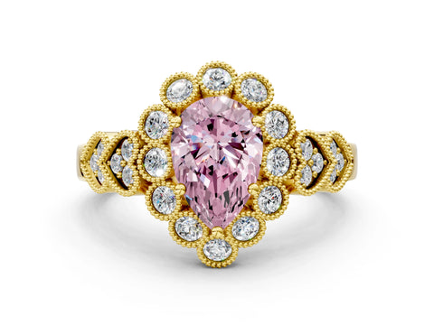 Yellow gold Fancy Pink Pear Cut Brilliant Milgrain Pave Heart Band Solitaire Ring