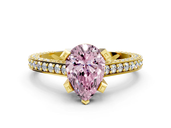 Yellow gold Fancy Pink Pear Cut Brilliant Split Shank Pave Solitaire Ring with Four-Prong Setting
