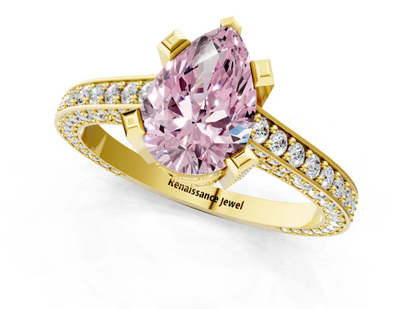 Yellow gold Fancy Pink Pear Cut Brilliant Split Shank Pave Solitaire Ring with Four-Prong Setting