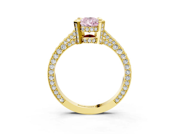 Yellow gold Fancy Pink Pear Cut Brilliant Split Shank Pave Solitaire Ring with Four-Prong Setting