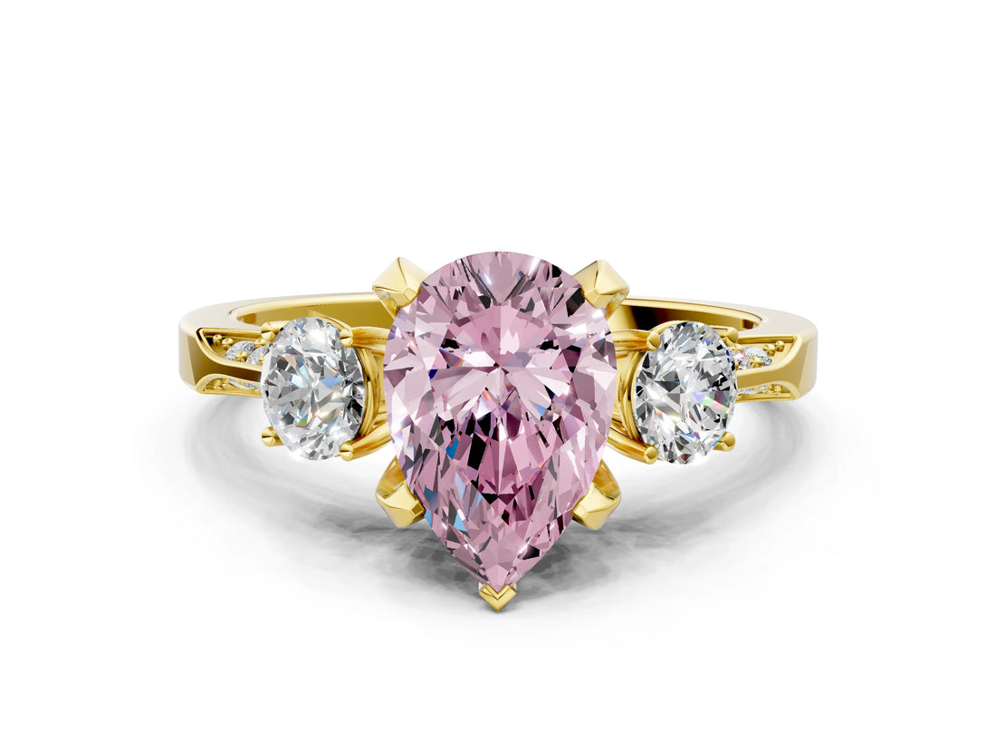 Yellow gold Fancy Pink Pear Cut Brilliant Three-Stone Diamond Ring with Pavé Band and Four-Prong Setting_3