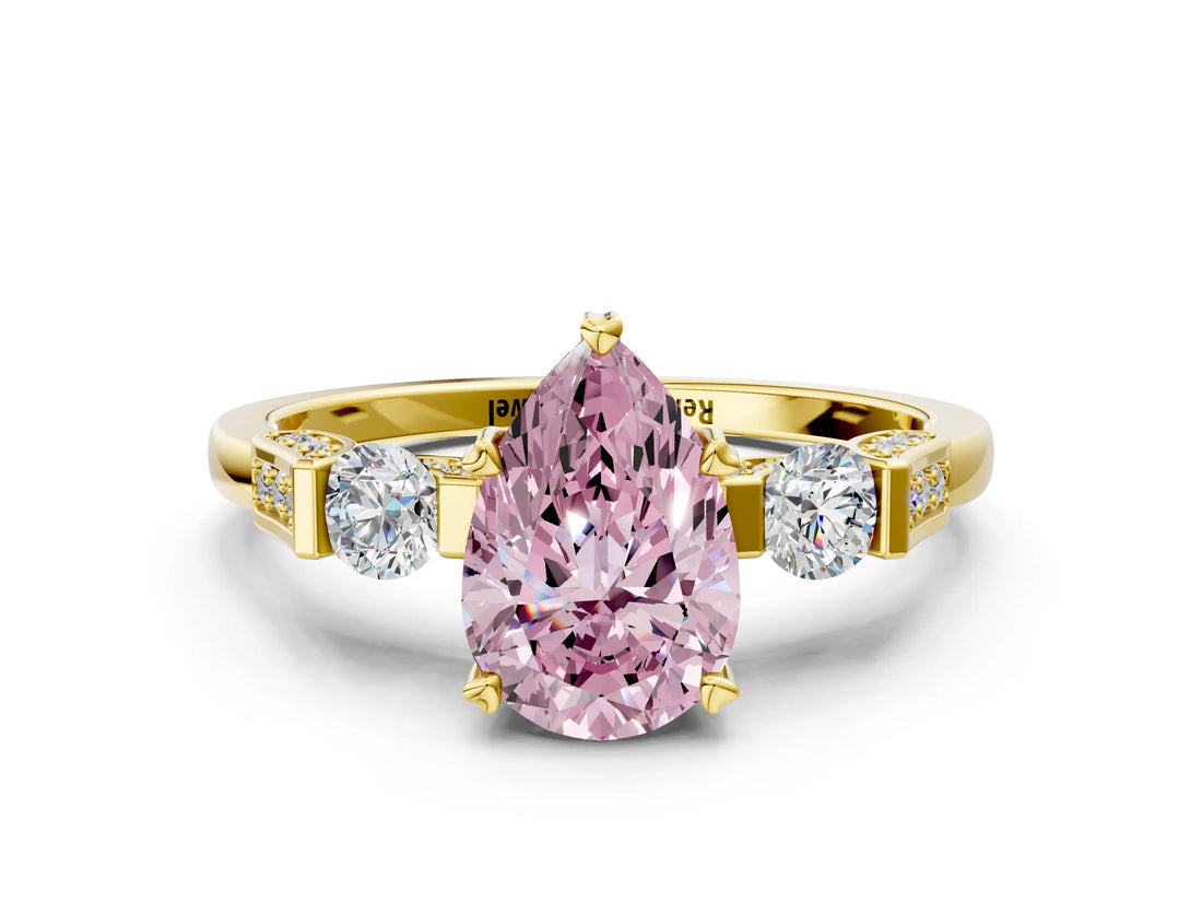 Yellow gold Fancy Pink Pear Cut Brilliant Three-Stone Pave Band with Four-Prong Setting