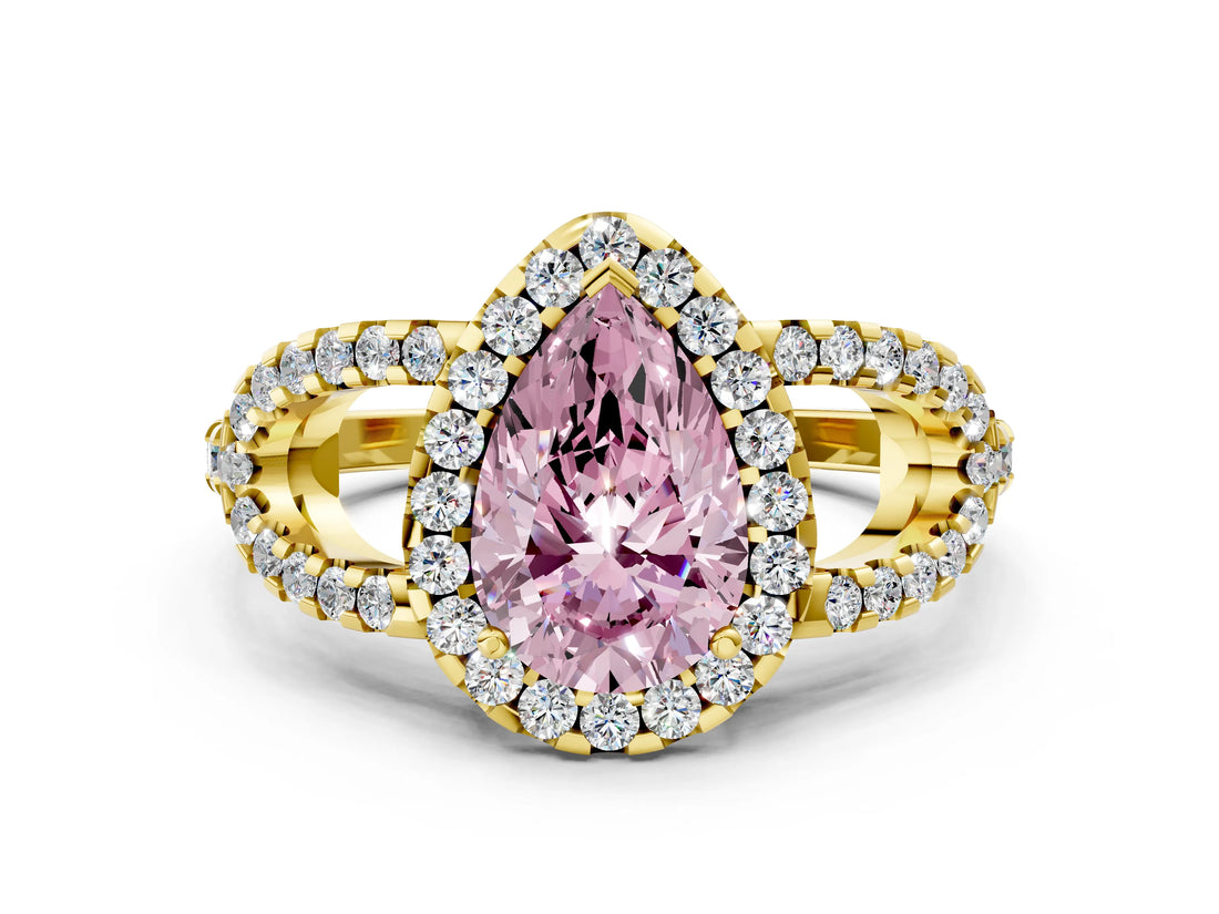 Yellow gold Fancy Pink Pear Cut Cut Diamond Halo Engagement Ring with Open Split Pavé Band