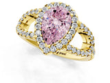 Yellow gold Fancy Pink Pear Cut Cut Diamond Halo Engagement Ring with Open Split Pavé Band_1
