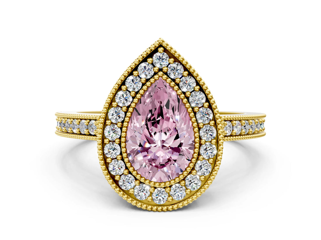 Yellow gold Fancy Pink Pear Cut-Cut Diamond Halo Engagement Ring with Pave Band and Prong Setting