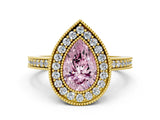 Yellow gold Fancy Pink Pear Cut-Cut Diamond Halo Engagement Ring with Pave Band and Prong Setting