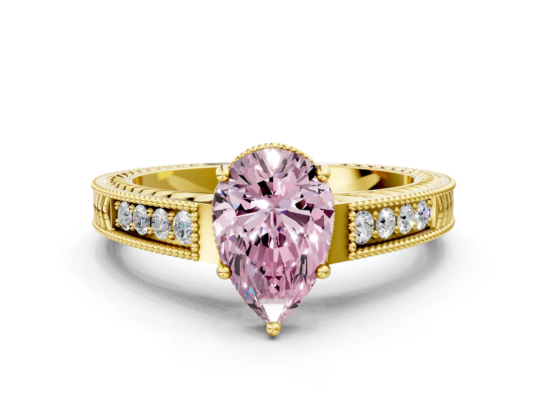 Yellow gold Fancy Pink Pear Cut Cut Diamond Milgrain Pave Band Four-Prong Setting Ring_3