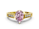 Yellow gold Fancy Pink Pear Cut Cut Diamond Milgrain Pave Band Four-Prong Setting Ring_3