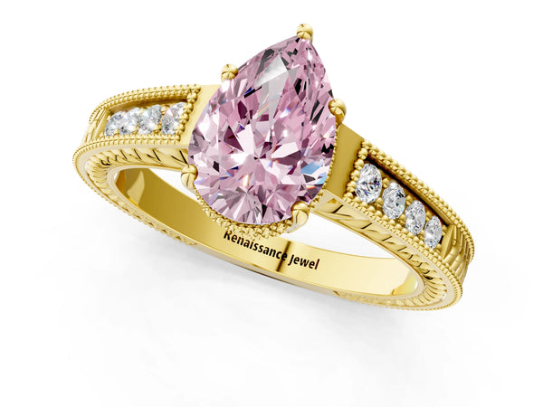 Yellow gold Fancy Pink Pear Cut Cut Diamond Milgrain Pave Band Four-Prong Setting Ring