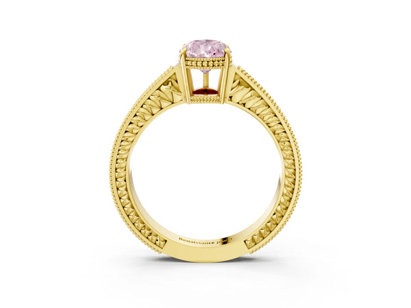 Yellow gold Fancy Pink Pear Cut Cut Diamond Milgrain Pave Band Four-Prong Setting Ring