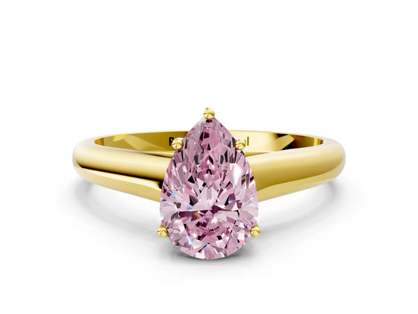 Yellow gold Fancy Pink Pear Cut Cut Diamond Solitaire Engagement Ring with Tapered Plain Band and Four-Prong Setting