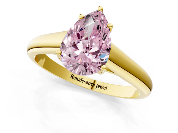 Yellow gold Fancy Pink Pear Cut Cut Diamond Solitaire Engagement Ring with Tapered Plain Band and Four-Prong Setting