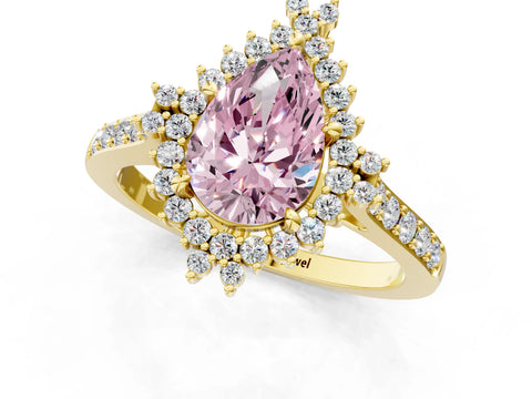 Yellow gold Fancy Pink Pear Cut Cut Diamond Sunburst Halo Engagement Ring with Pavé Band_1