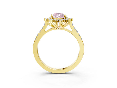 Yellow gold Fancy Pink Pear Cut Cut Diamond Sunburst Halo Engagement Ring with Pavé Band_3