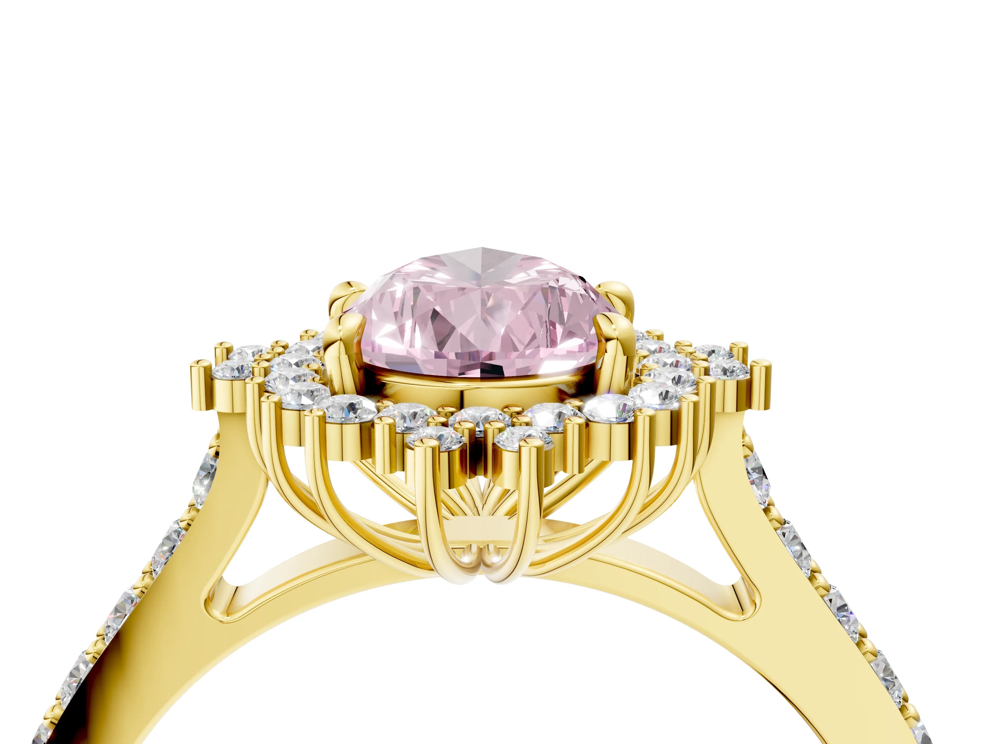 Yellow gold Fancy Pink Pear Cut Cut Diamond Sunburst Halo Engagement Ring with Pavé Band_4