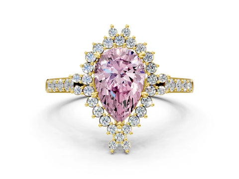 Yellow gold Fancy Pink Pear Cut Cut Diamond Sunburst Halo Engagement Ring with Pavé Band