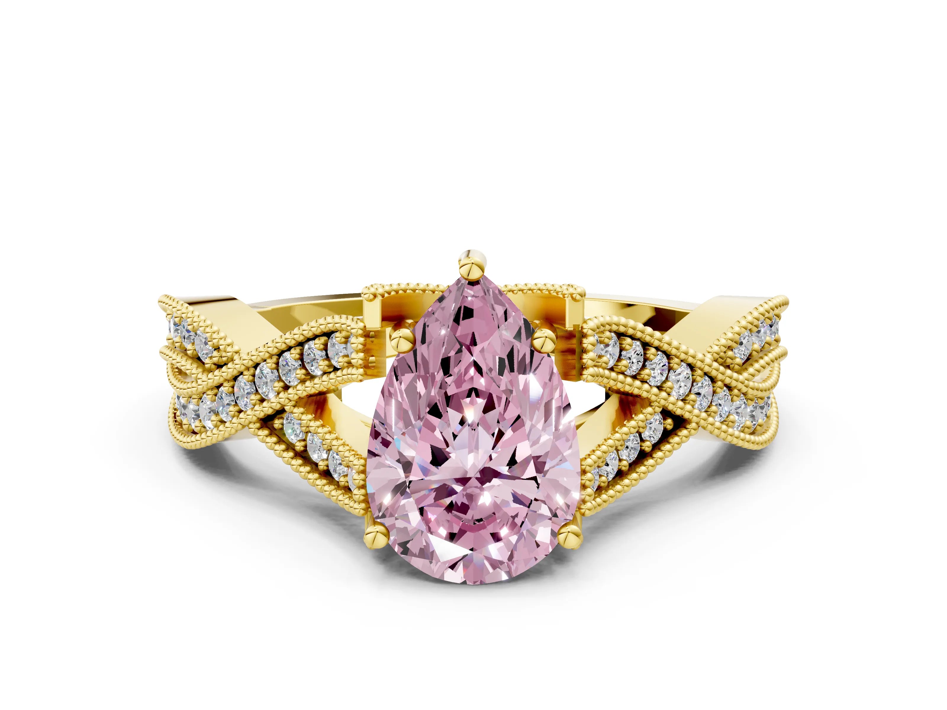 Yellow gold Fancy Pink Pear Cut Cut Diamond Twisted Band with Milgrain Pave Setting and Four-Prong Setting