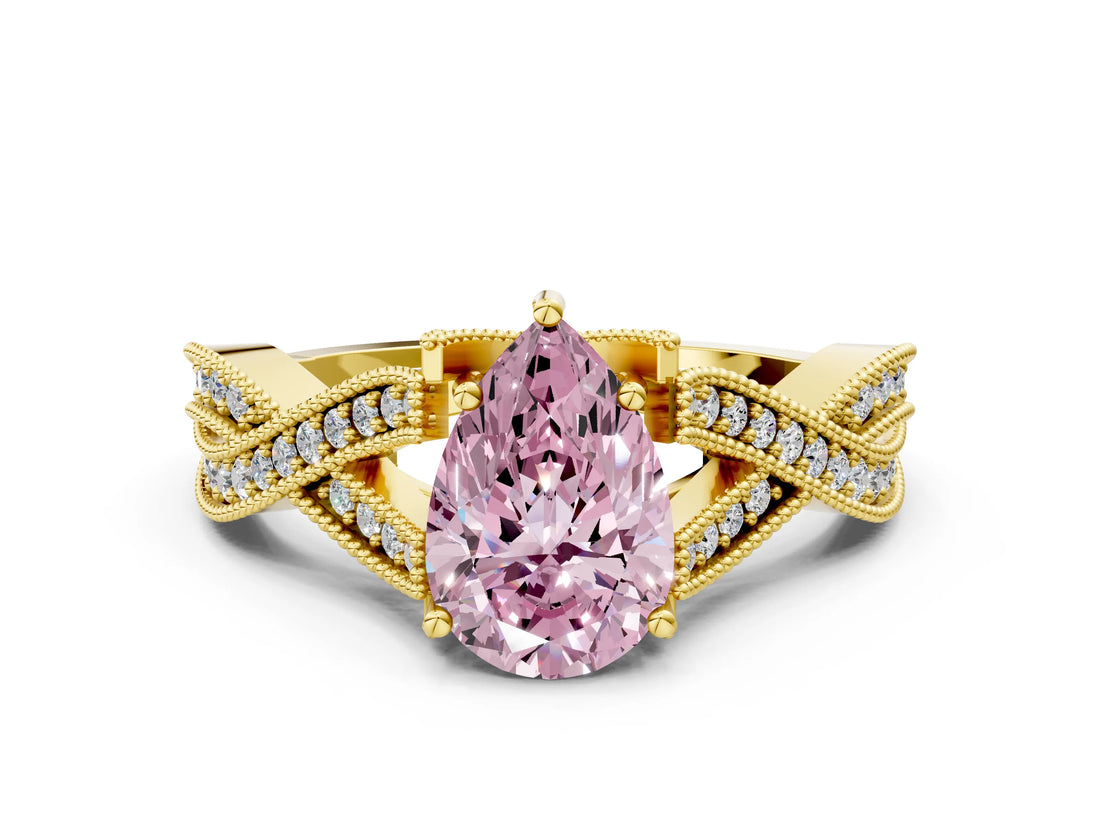 Yellow gold Fancy Pink Pear Cut Cut Diamond Twisted Band with Milgrain Pave Setting and Four-Prong Setting