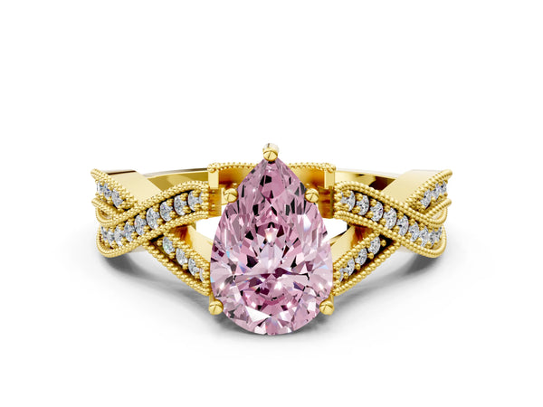 Yellow gold Fancy Pink Pear Cut Cut Diamond Twisted Band with Milgrain Pave Setting and Four-Prong Setting