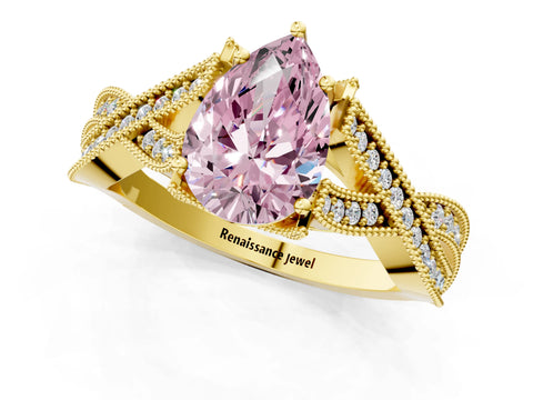 Yellow gold Fancy Pink Pear Cut Cut Diamond Twisted Band with Milgrain Pave Setting and Four-Prong Setting_1