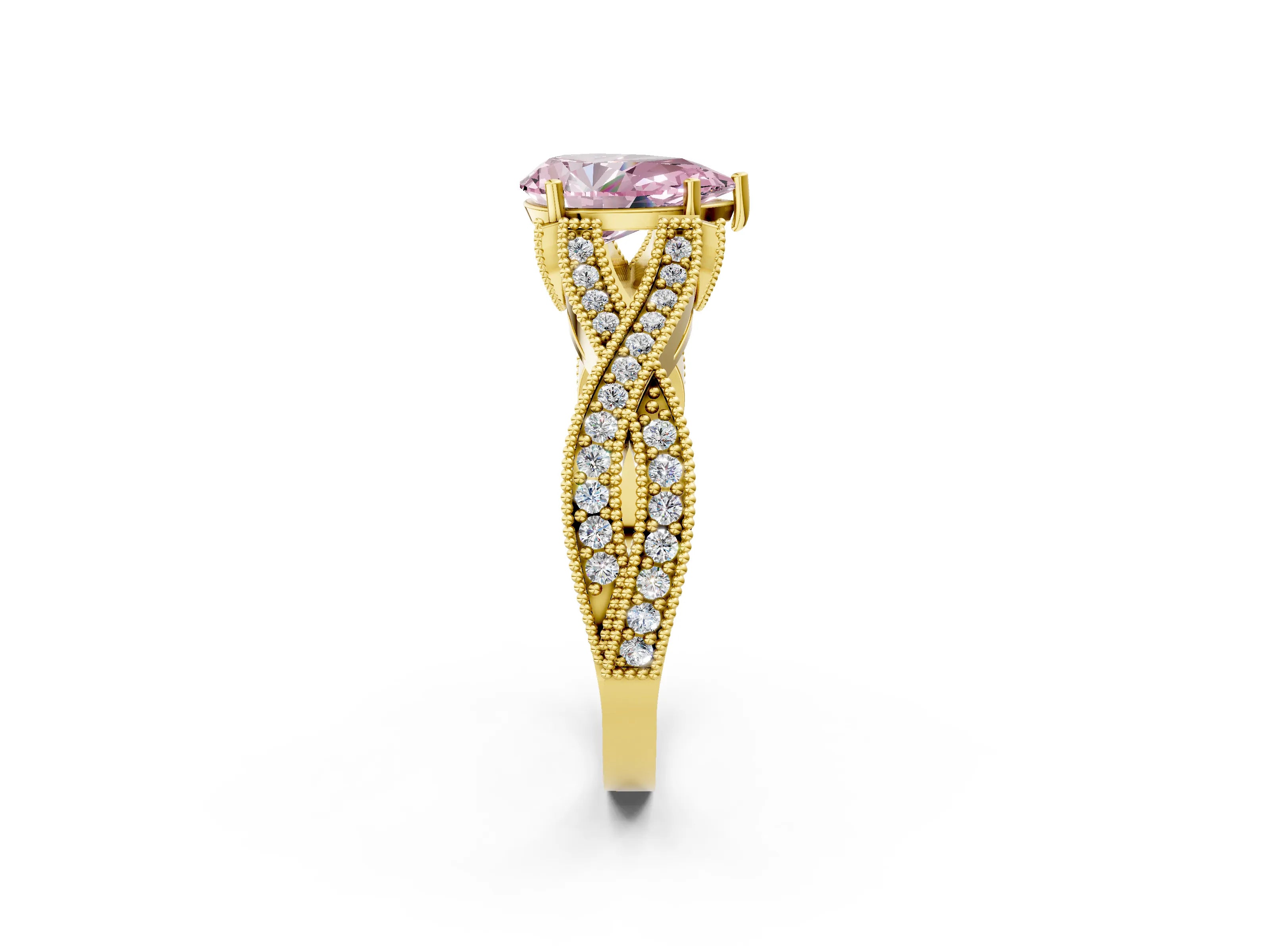 Yellow gold Fancy Pink Pear Cut Cut Diamond Twisted Band with Milgrain Pave Setting and Four-Prong Setting_2