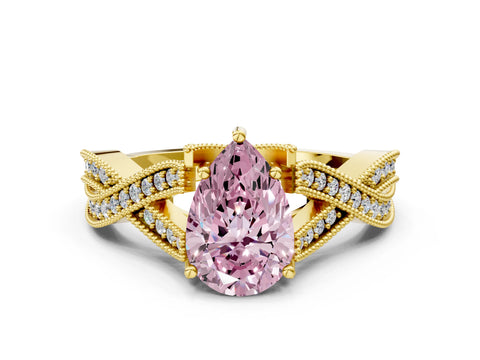 Yellow gold Fancy Pink Pear Cut Cut Diamond Twisted Band with Milgrain Pave Setting and Four-Prong Setting