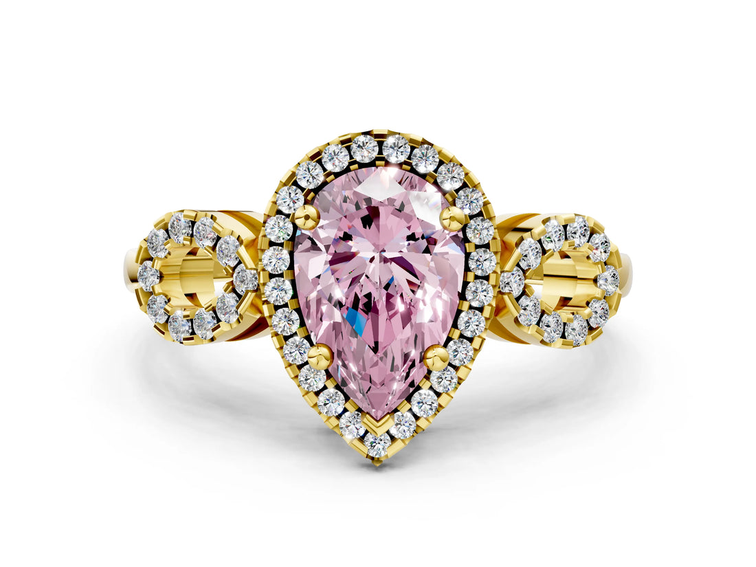 Yellow gold Fancy Pink Pear Cut Cut Halo Diamond Infinity Band with Four-Prong Setting
