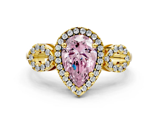 Yellow gold Fancy Pink Pear Cut Cut Halo Diamond Infinity Band with Four-Prong Setting