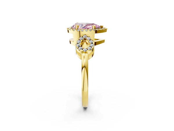 Yellow gold Fancy Pink Pear Cut Cut Halo Diamond Infinity Band with Four-Prong Setting