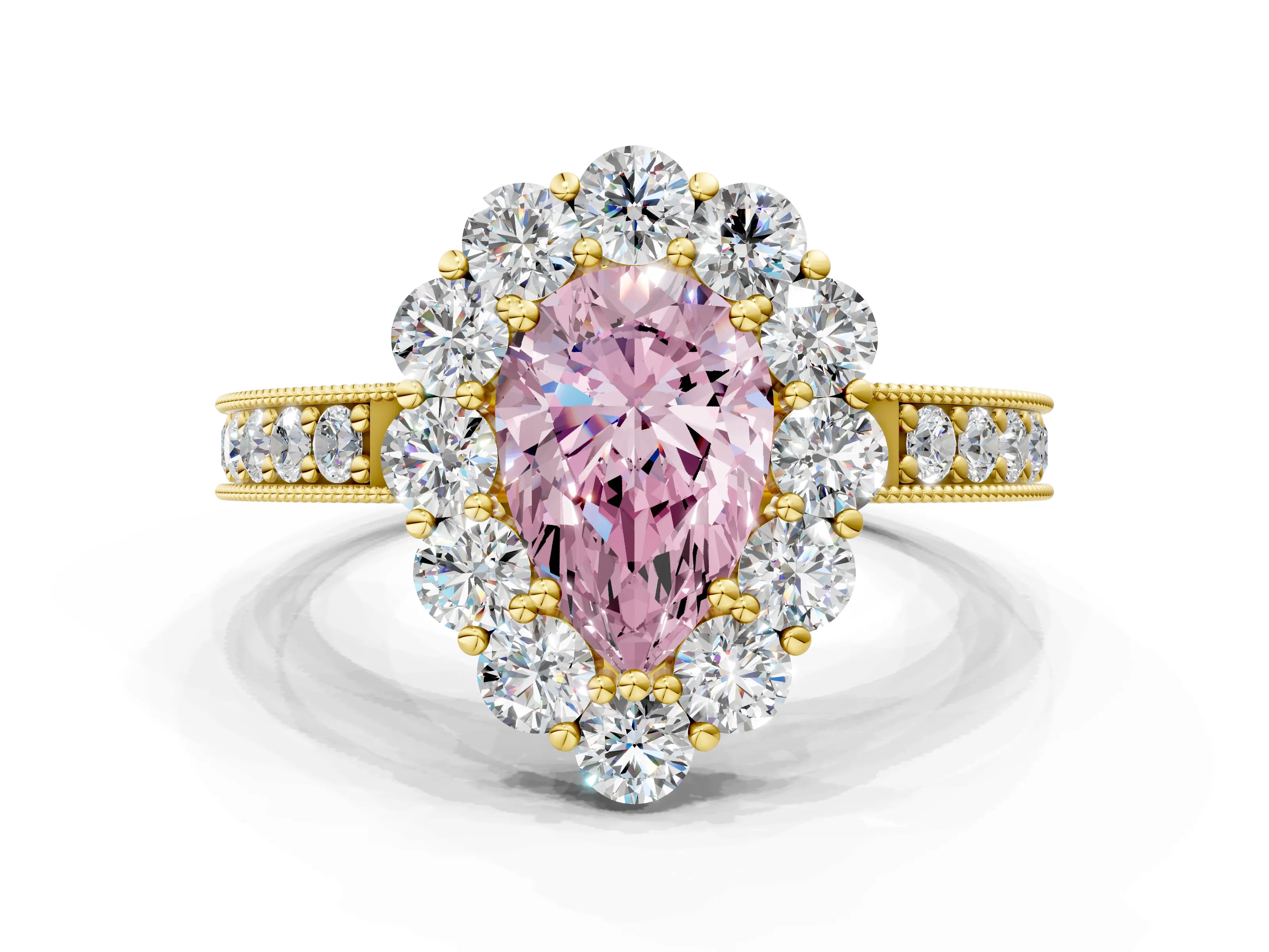 Yellow gold Fancy Pink Pear Cut Cut Halo Diamond Pavé Engagement Ring with Milgrain Detailing_12