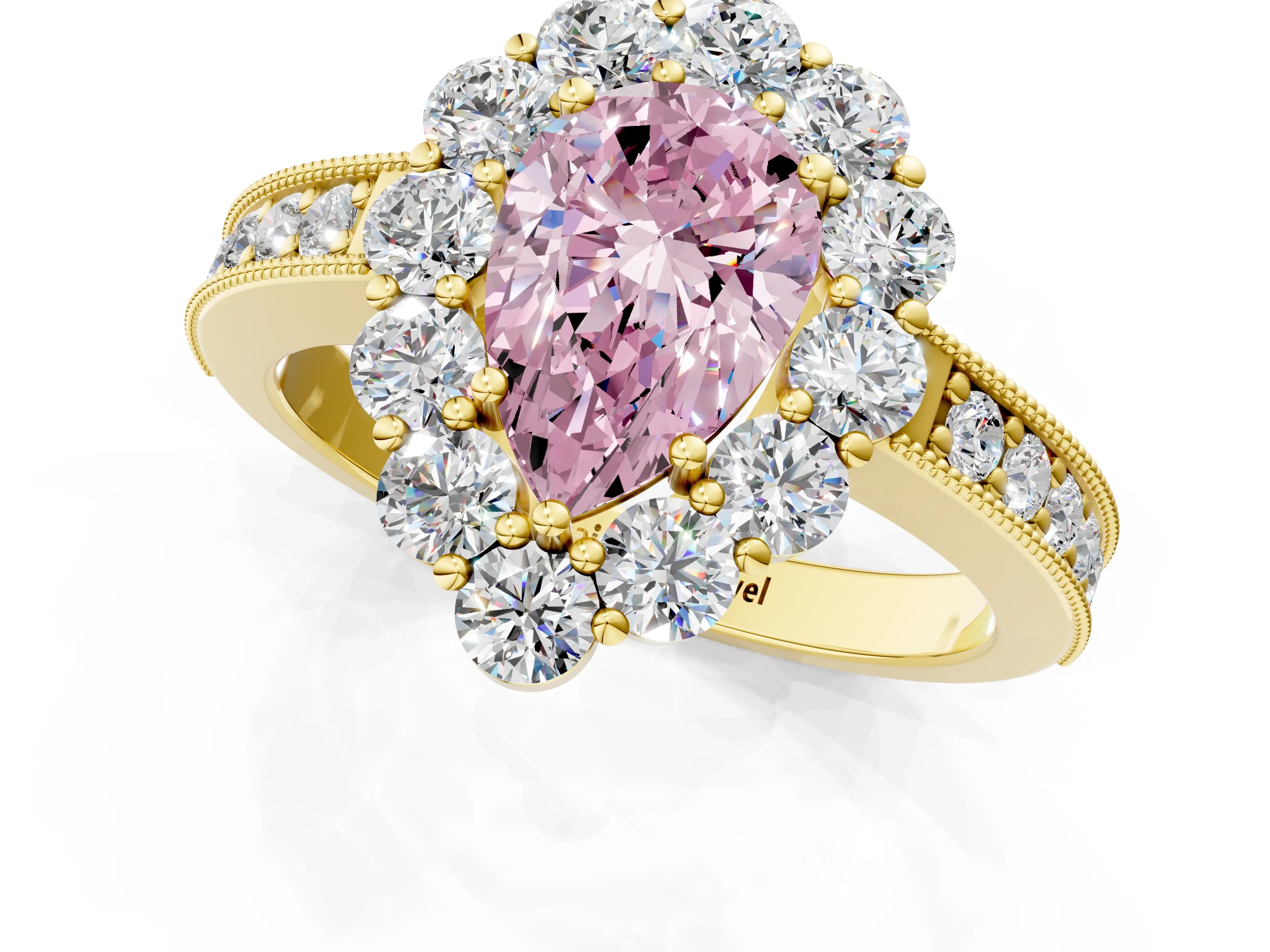 Yellow gold Fancy Pink Pear Cut Cut Halo Diamond Pavé Engagement Ring with Milgrain Detailing_13
