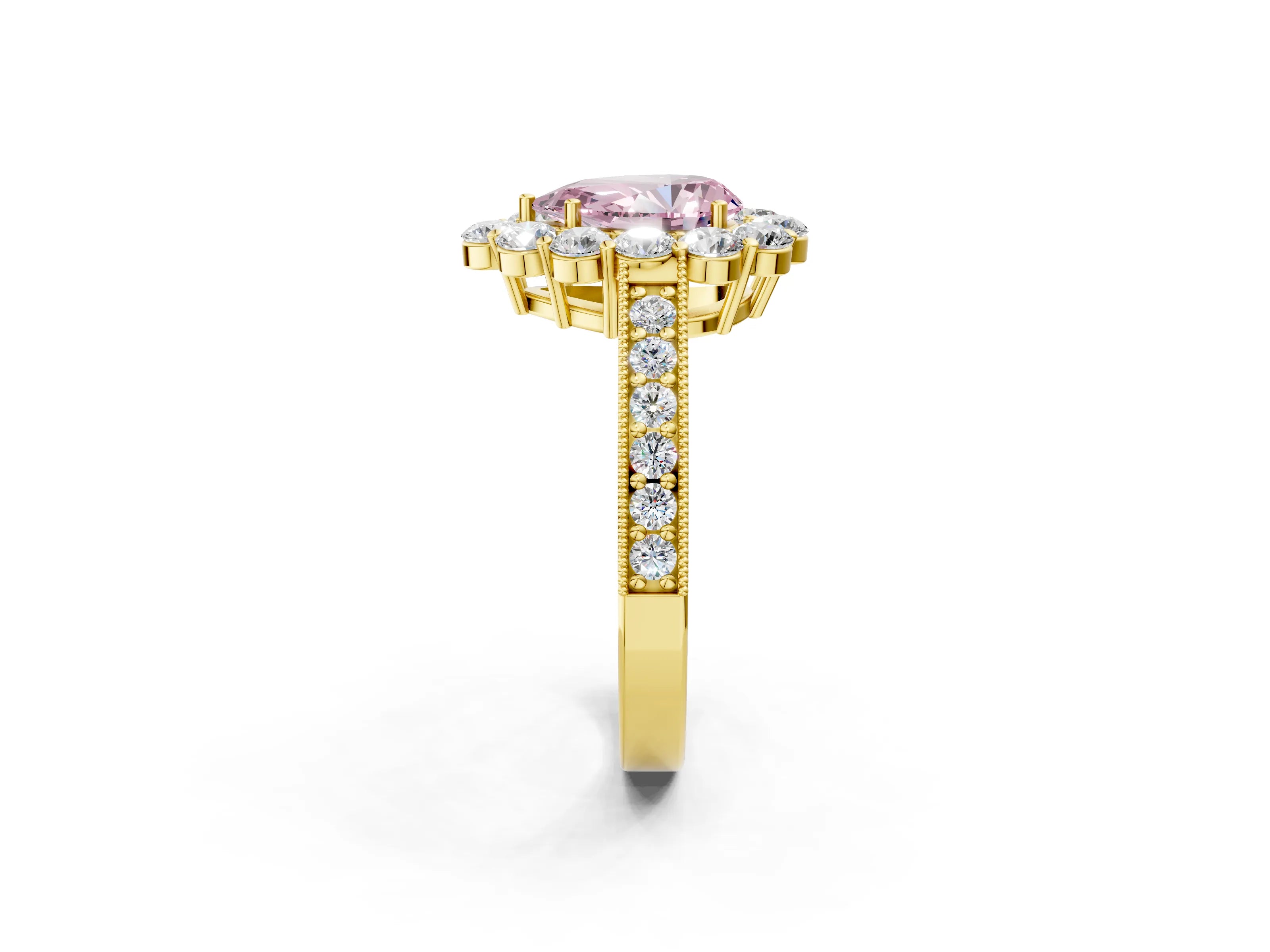 Yellow gold Fancy Pink Pear Cut Cut Halo Diamond Pavé Engagement Ring with Milgrain Detailing_14