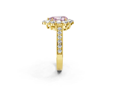 Yellow gold Fancy Pink Pear Cut Cut Halo Diamond Pavé Engagement Ring with Milgrain Detailing_14