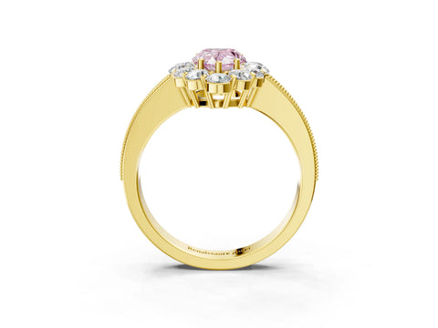 Yellow gold Fancy Pink Pear Cut Cut Halo Diamond Pavé Engagement Ring with Milgrain Detailing_15