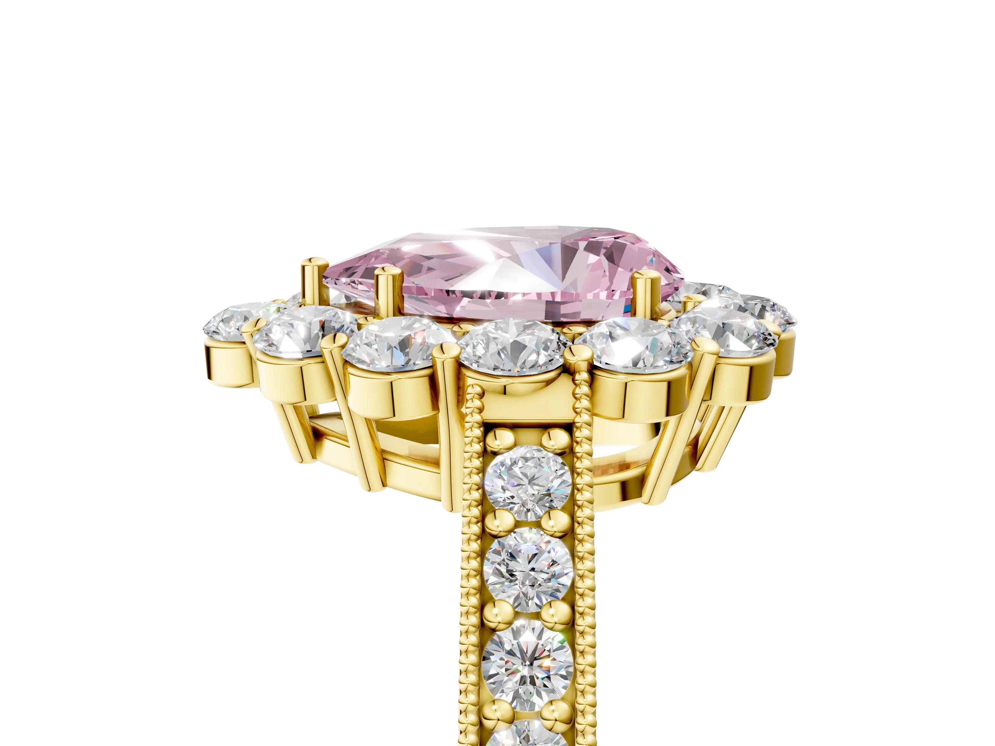 Yellow gold Fancy Pink Pear Cut Cut Halo Diamond Pavé Engagement Ring with Milgrain Detailing_17