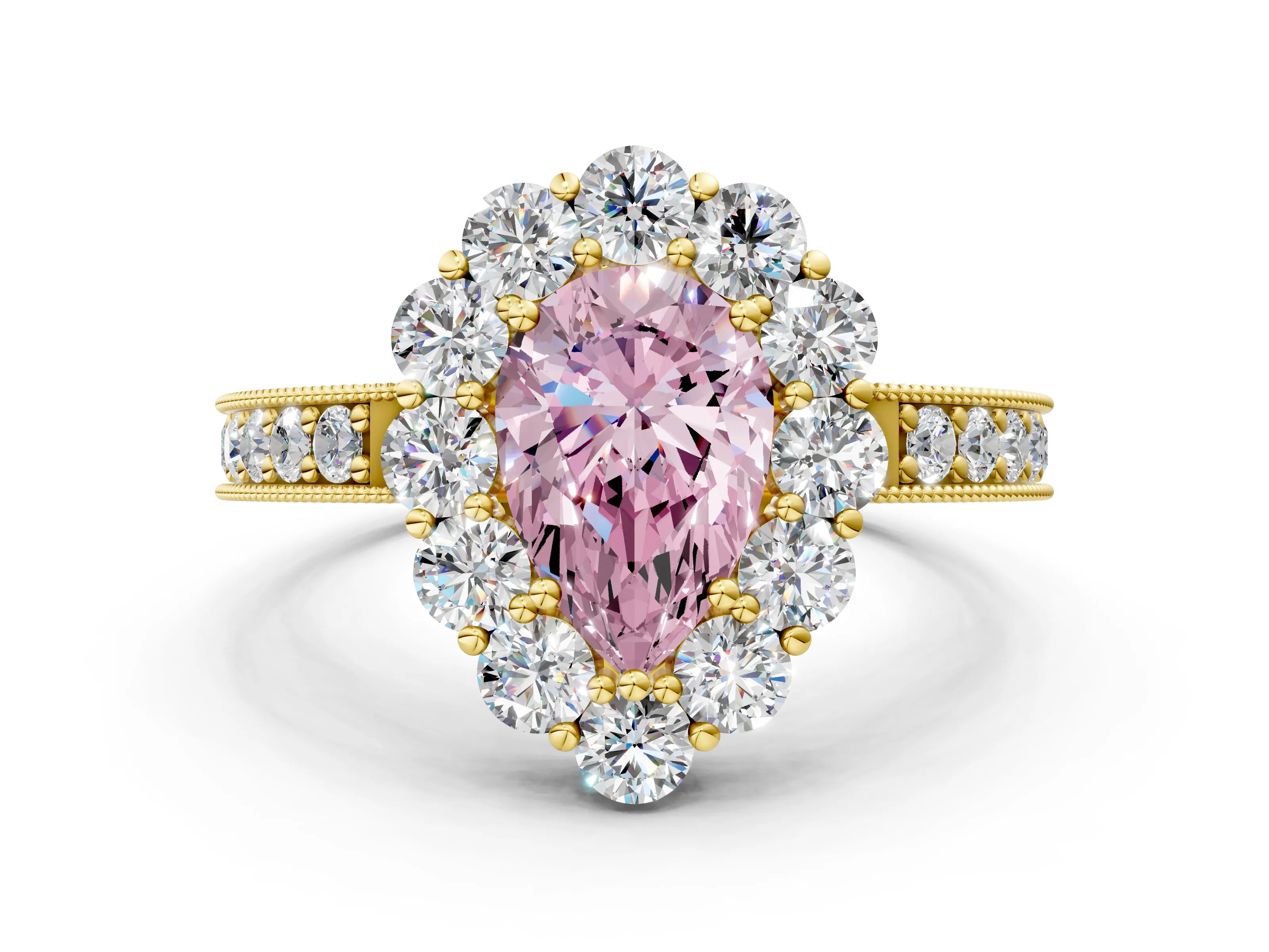 Yellow gold Fancy Pink Pear Cut Cut Halo Diamond Pavé Engagement Ring with Milgrain Detailing_24
