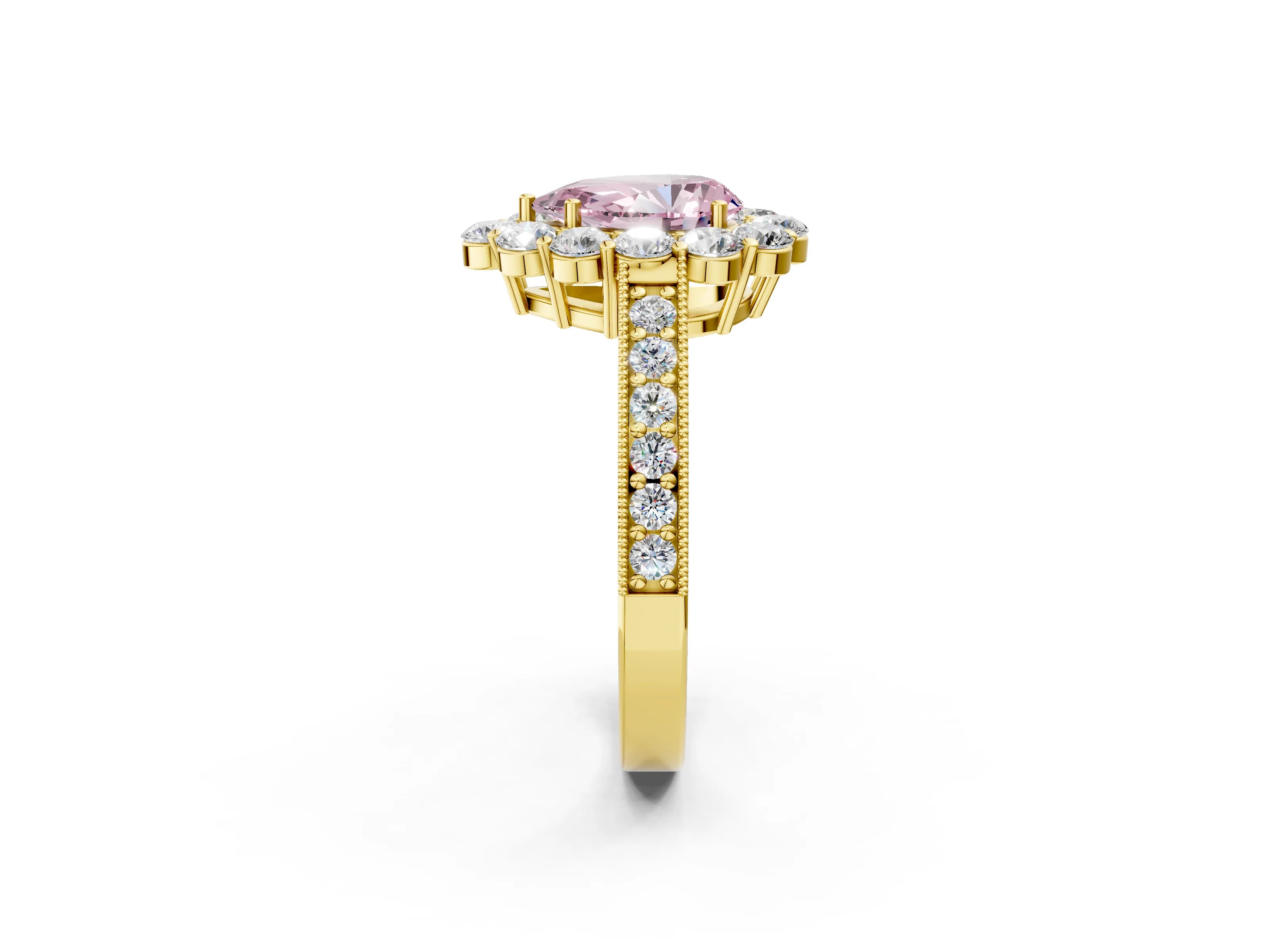 Yellow gold Fancy Pink Pear Cut Cut Halo Diamond Pavé Engagement Ring with Milgrain Detailing_26