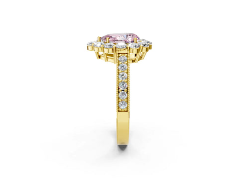 Yellow gold Fancy Pink Pear Cut Cut Halo Diamond Pavé Engagement Ring with Milgrain Detailing_26