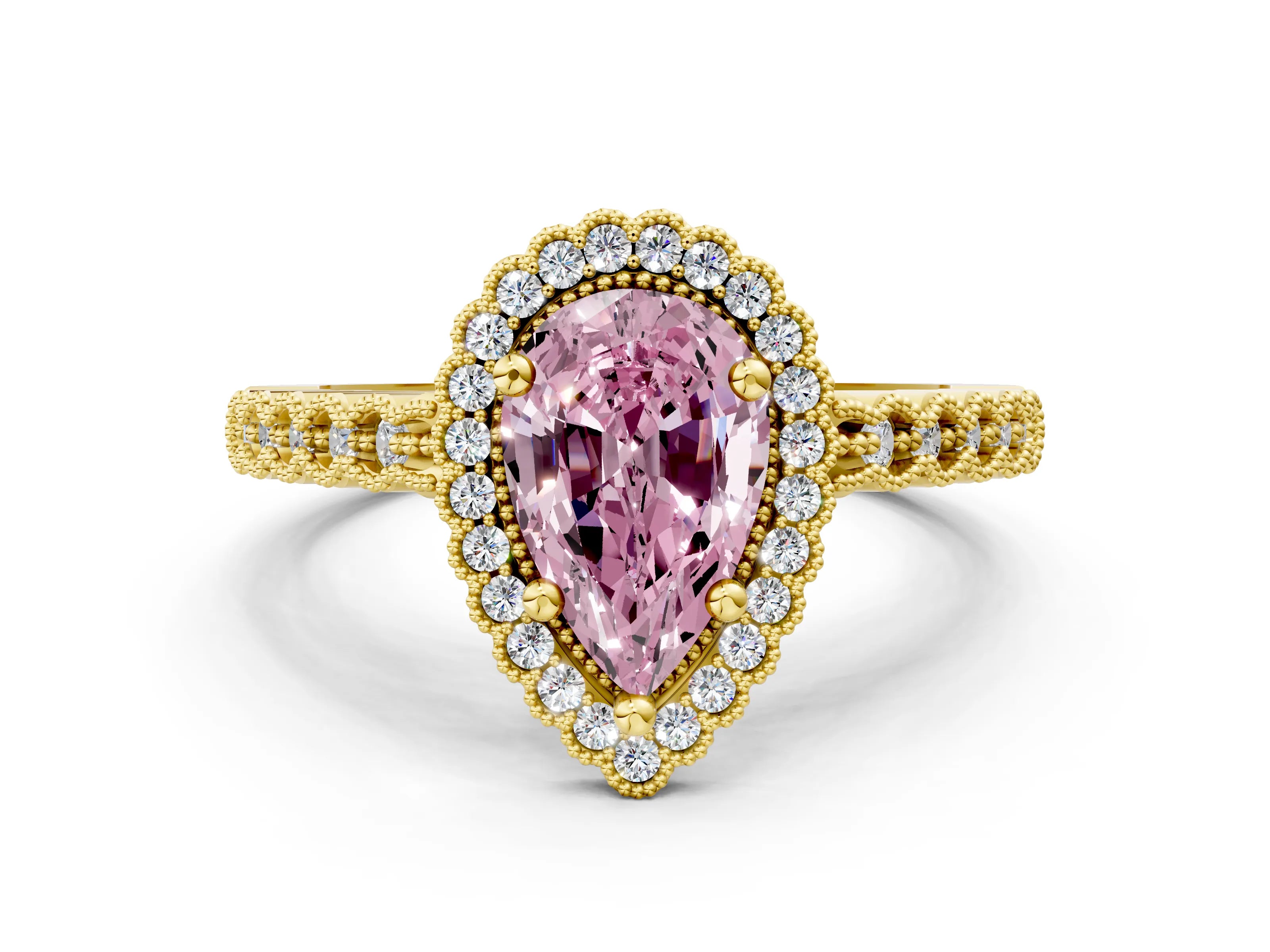 Yellow gold Fancy Pink Pear Cut Cut Halo Pavé Solitaire Ring with Milgrain Band