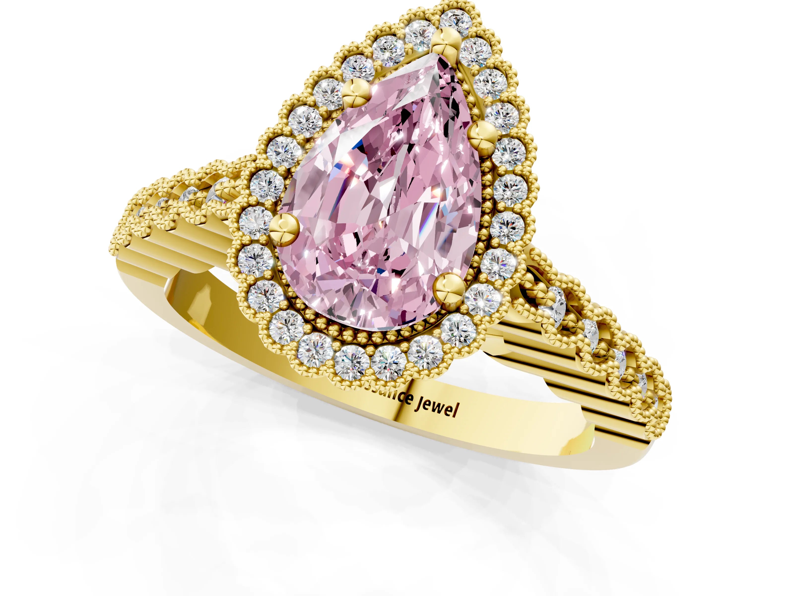 Yellow gold Fancy Pink Pear Cut Cut Halo Pavé Solitaire Ring with Milgrain Band_1