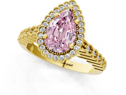 Yellow gold Fancy Pink Pear Cut Cut Halo Pavé Solitaire Ring with Milgrain Band_1