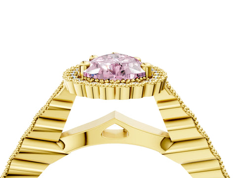 Yellow gold Fancy Pink Pear Cut Cut Halo Pavé Solitaire Ring with Milgrain Band_4