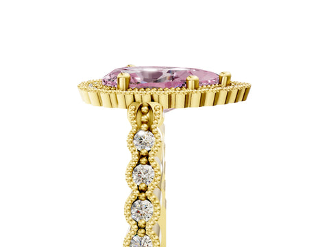 Yellow gold Fancy Pink Pear Cut Cut Halo Pavé Solitaire Ring with Milgrain Band_5