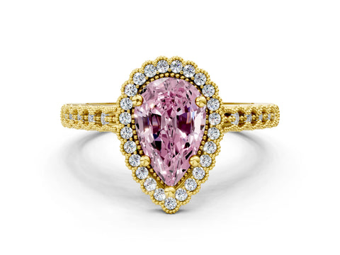 Yellow gold Fancy Pink Pear Cut Cut Halo Pavé Solitaire Ring with Milgrain Band