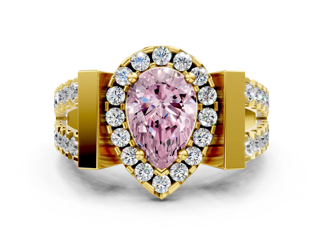 Yellow gold Fancy Pink Pear Cut Cut Halo Split Shank Prong Set Ring